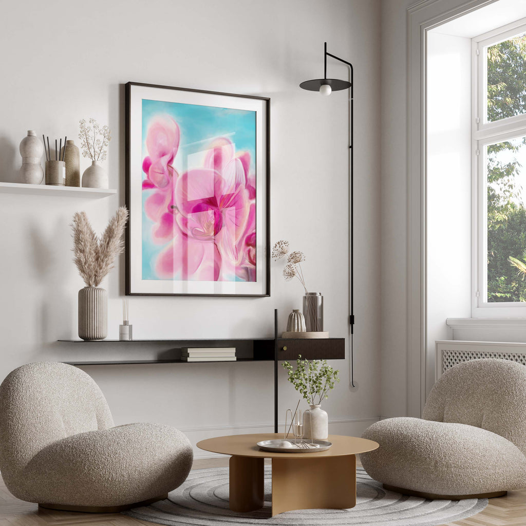 Vibrant Pink Orchid Print on Bright Blue Canvas, Bold Orchid Artwork with Vivid Pink Blossoms, Contemporary Floral Print