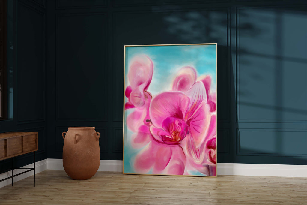 Contemporary Floral Print: Pink Orchid on Sky Blue, Contemporary Pink Orchid on Bright Blue Wall Decor