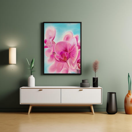 Botanical painting of a vibrant pink orchid with a calming blue backdrop.