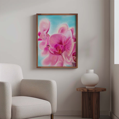 Pink orchid wall art with a serene, cool-toned blue background.