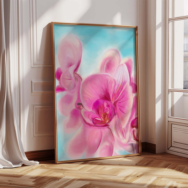 painting artwork showing a pink orchid in full bloom.