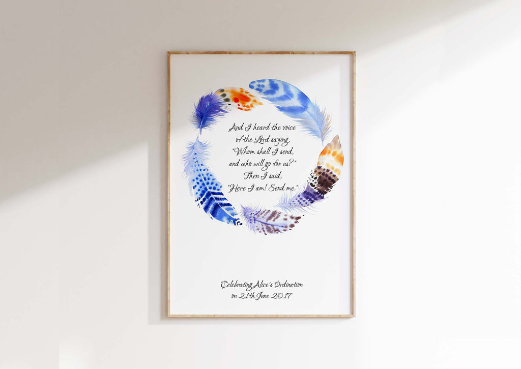 Personalised Isaiah 6:8 Feather Wreath Print in Blue and Orange, Custom Ordination Gift with Isaiah 6:8 Quote, Custom Ordination Gift