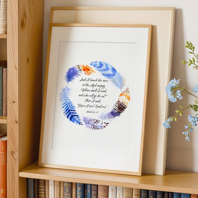 Inspiring Christian art with “Whom shall I send?” scripture surrounded by watercolour-style feather design.