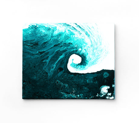 Acrylic painting of a rolling wave in shades of blue, turquoise, and teal with white highlights.