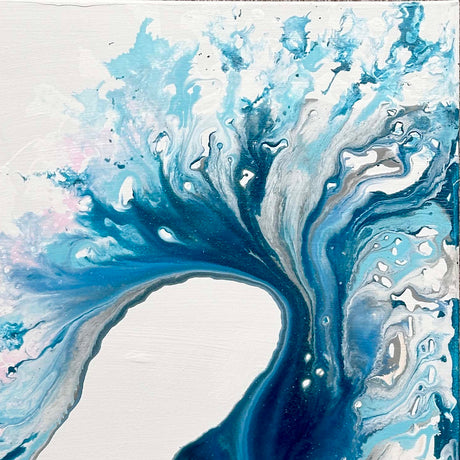 Detail of abstract ocean wave painting titled ‘Pink Tide’ with teal, blue, and soft pink hues creating a sense of motion.