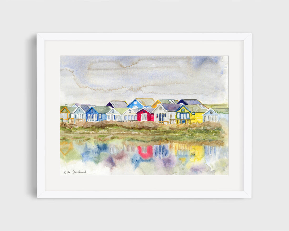 Abstract watercolor of Dorset beach huts by local artist, in frame