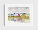 Abstract watercolor of Dorset beach huts by local artist, in frame