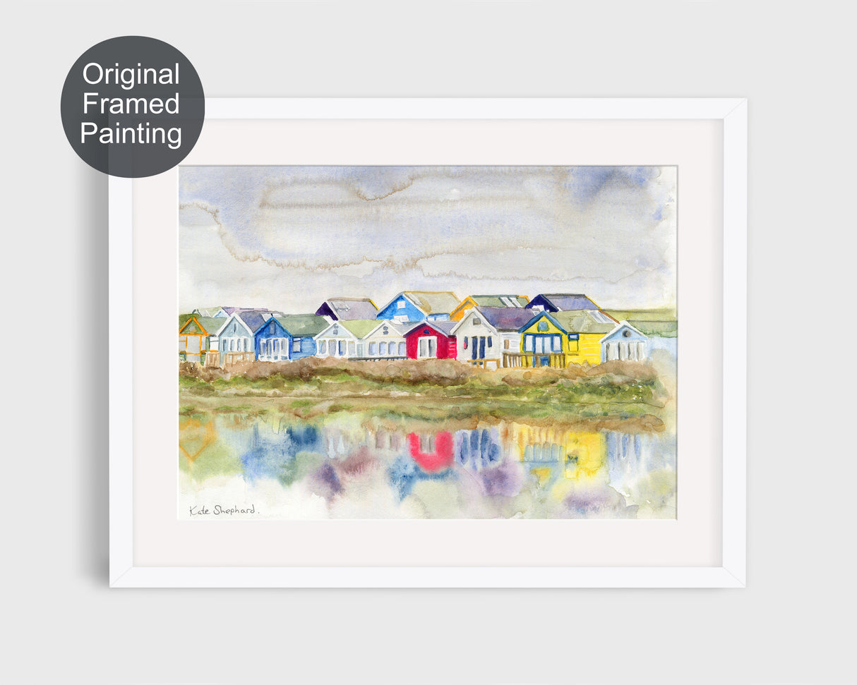 Unique abstract watercolour of Mudeford beach huts, vibrant and framed in white wood for Dorset coastal decor.