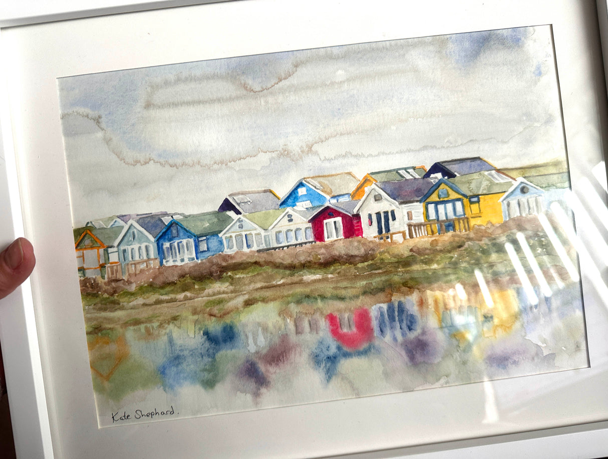 Mudeford beach huts painting in white frame with cream mount, a perfect gift for Dorset lovers.