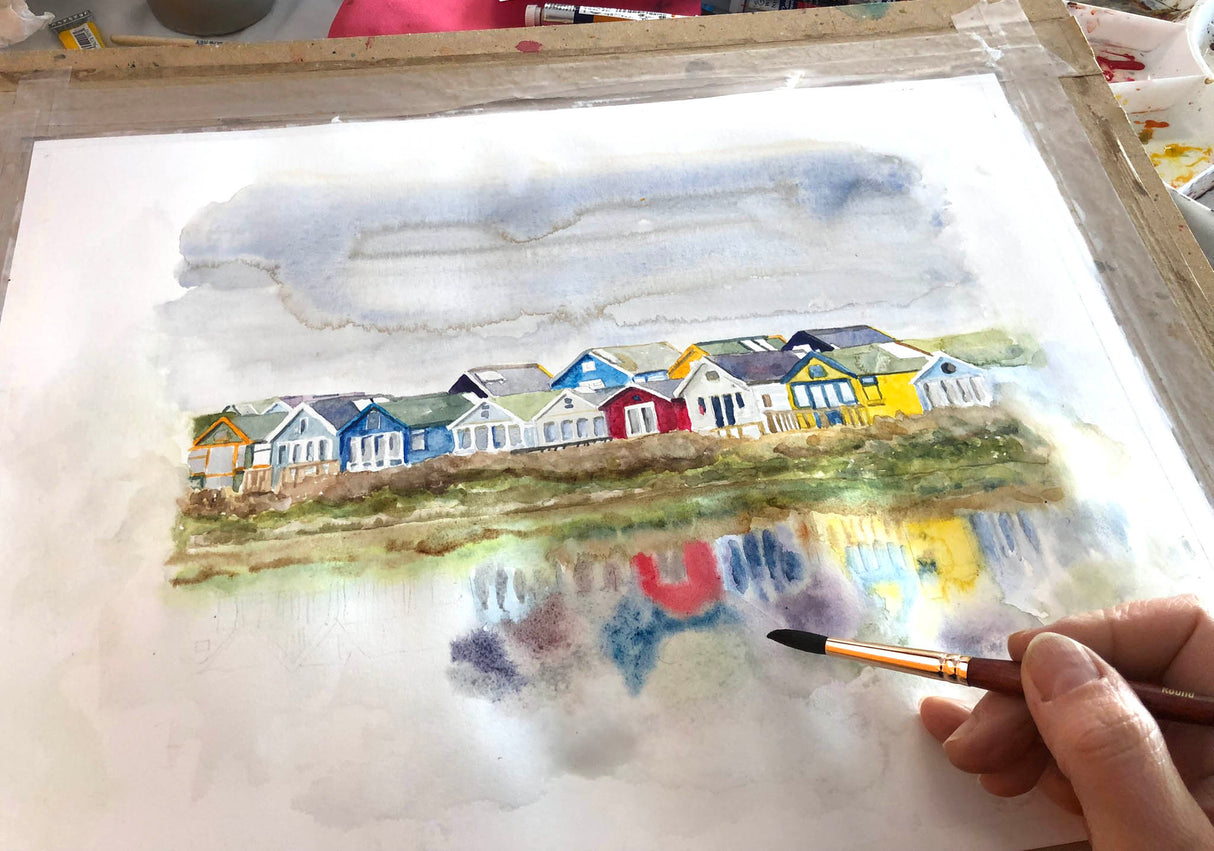 'Beach Huts 1' - Colourful Watercolour Beach Huts Wall Art Print, Mudeford Dorset Coastal Home Decor, Seaside Holiday Seascape Painting