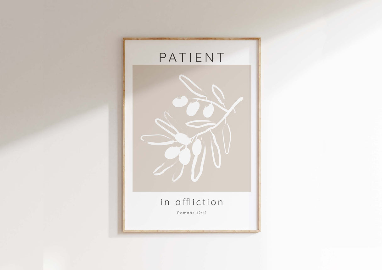 Patient in Affliction Bible Verse Print, Romans 12 Modern Scripture, Abstract Olives Bible Verse Wall Decor