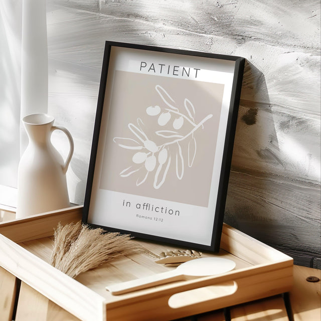 Neutral beige Bible verse print with "Patient in affliction" from Romans 12:12 and abstract olive tree artwork.