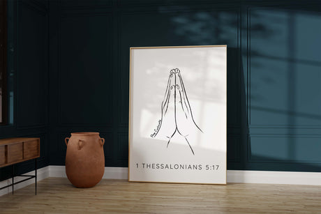 Minimalist Pray Continually Christian Line Art, 1 Thessalonians 5 17 Praying Hands Bible Verse Wall Art Print Modern Minimal Home Decor