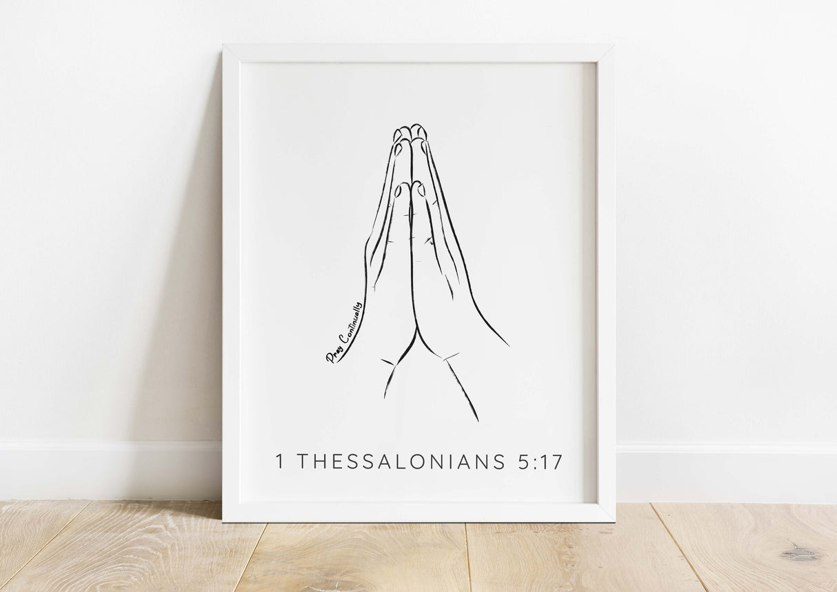 Minimalist art with a spiritual touch - praying hands and 'Pray Continually' quote, a daily reminder to seek divine guidance.