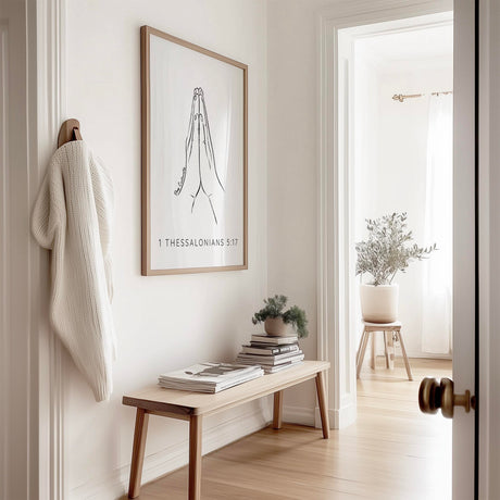 Bible verse wall art with Pray Continually message and minimalist illustration for Christian homes.