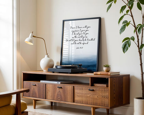 John 14:27 Bible verse wall print with indigo watercolour motif symbolising divine peace.