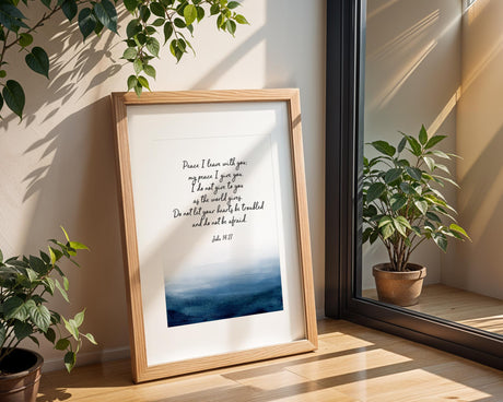 Peaceful Christian scripture print with ocean-inspired design and comforting message from Jesus.