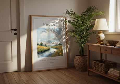 Isaiah 66:12 – Scripture wall decor featuring peaceful river landscape.