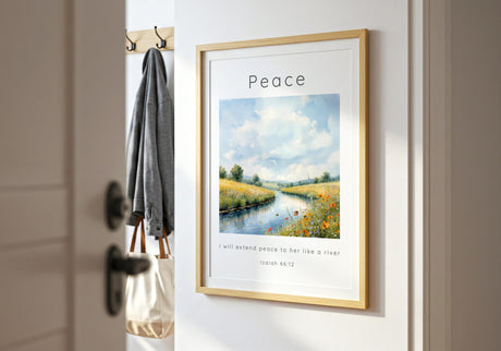 Isaiah 66:12 – Bible verse art print showing river, bees, and flowers.