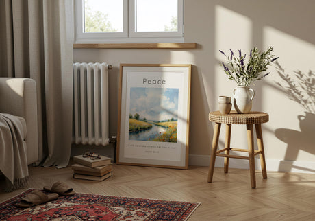 Isaiah 66:12 – Tranquil river scene with countryside fields and floral details.