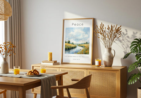 Isaiah 66:12 – Inspirational Bible verse print with tranquil countryside river scene.