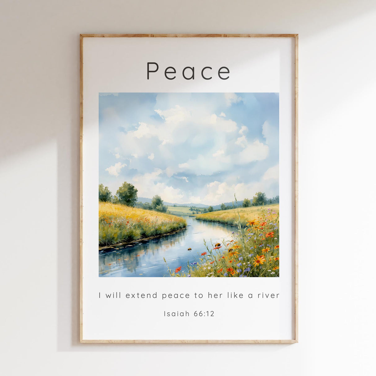 Isaiah 66:12 – Faith-based art print with gentle river and bees among flowers.