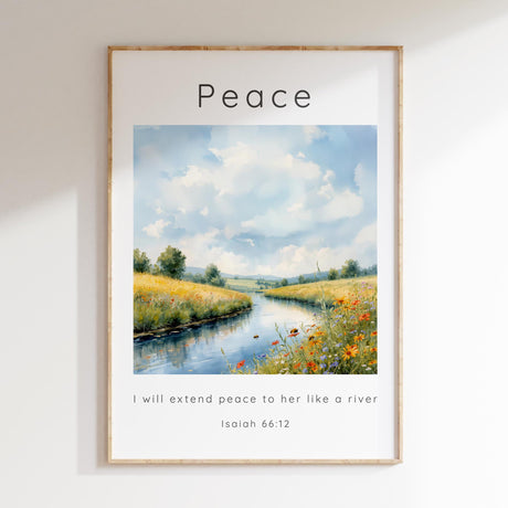 Isaiah 66:12 – Faith-based art print with gentle river and bees among flowers.