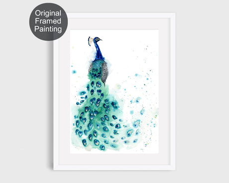 Watercolor painting of a peacock with vibrant blue and green feathers, detailed patterns, and a soft blended background.