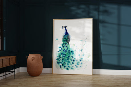 A peacock art print in watercolor, featuring swirling blue and green tail feathers with delicate highlights by Kate Shephard.