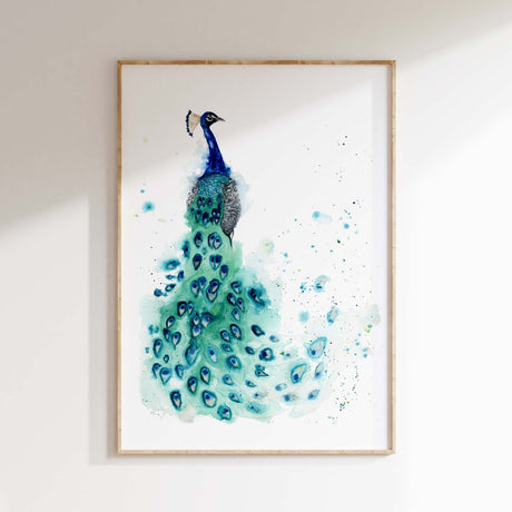 A graceful peacock with a fully fanned tail, painted in rich watercolor tones of emerald, turquoise, and navy by Kate Shephard.