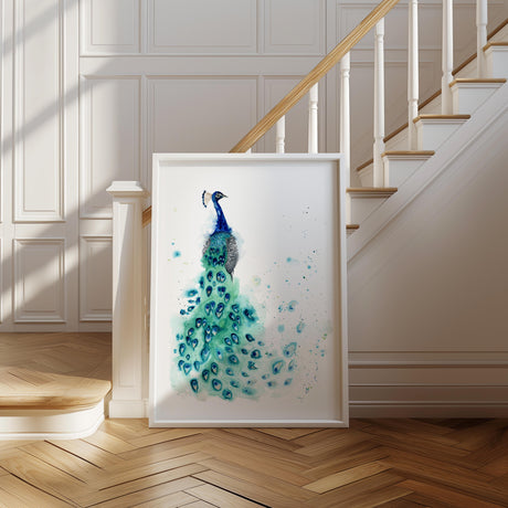 A peacock painting in watercolor, capturing the bird’s elegance with layered blues and greens, available as a print by Kate Shephard.