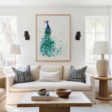 A hand-painted peacock art print with an intricate watercolor tail in turquoise and sapphire hues by artist Kate Shephard.