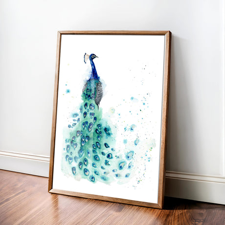 A striking watercolor painting of a peacock with flowing brushstrokes and detailed feather patterns by Kate Shephard.