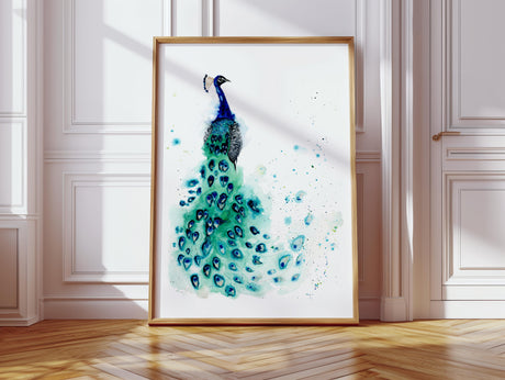 A dreamy peacock watercolor artwork with delicate washes of color and intricate feather details, created by Kate Shephard.