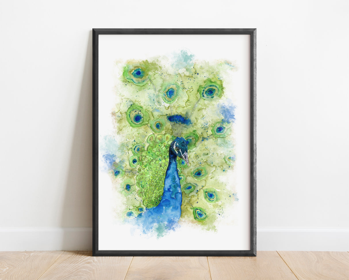 Peacock Wall Art Print Vibrant Watercolour, Peacock Portrait Drawing, Majestic peacock head painting in watercolors