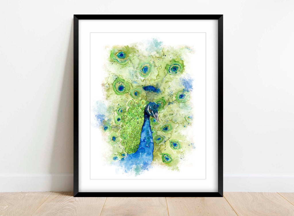 Turquoise, blue, and green watercolor peacock head portrait, Vibrant peacock head print in turquoise, blue, and green