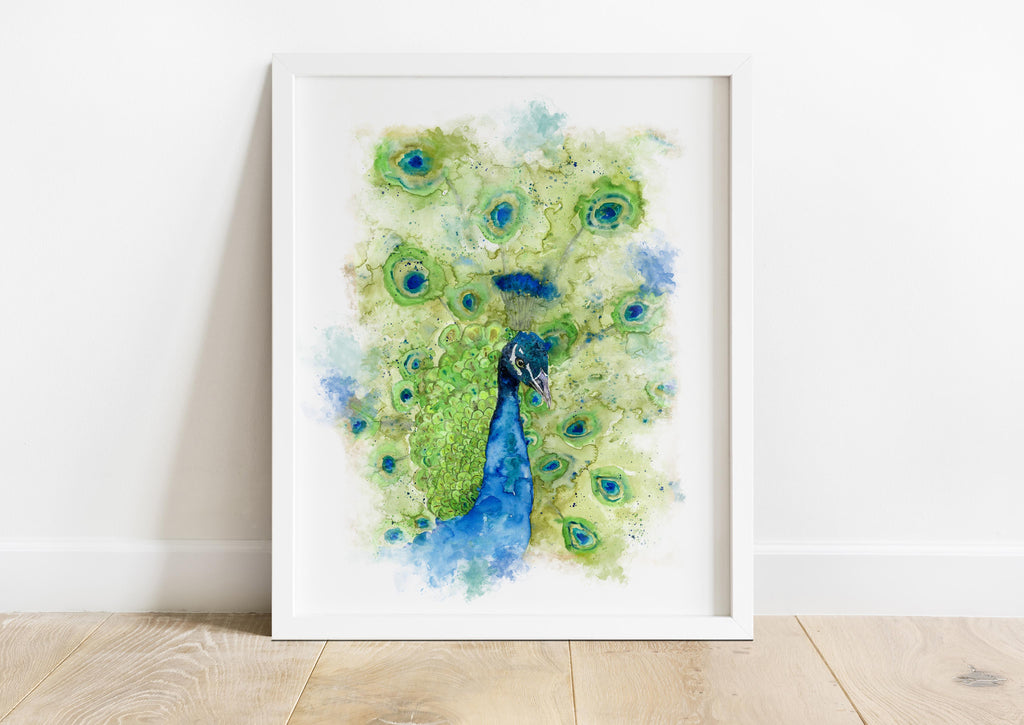Unique peacock portrait print with stunning turquoise hues, Elegant peacock head artwork in vibrant blue and green