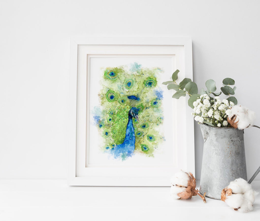 Captivating watercolor peacock head print for home decor, Peacock art print with mesmerizing turquoise, blue, and green colors