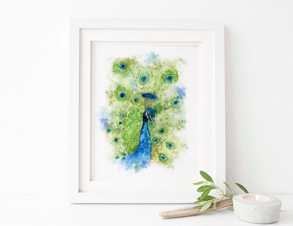 Exquisite peacock head portrait in watercolors for art enthusiasts, Fine art print featuring a stunning peacock head