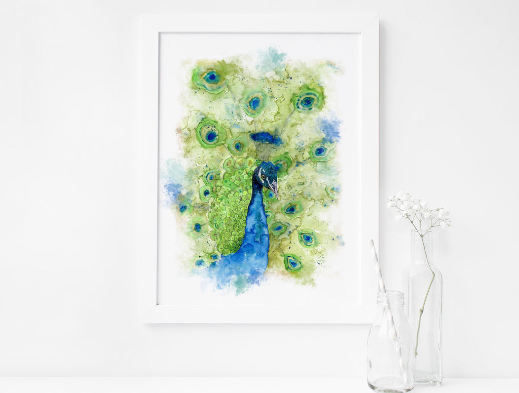 Fine art print featuring a stunning peacock head in turquoise, blue, and green, Peacock-themed watercolor portrait