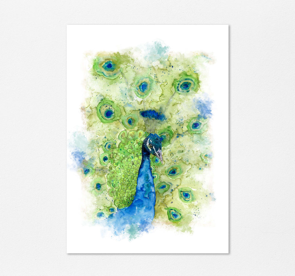 Peacock-themed watercolor portrait with captivating turquoise, blue, and green hues