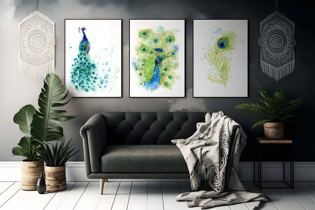 Vibrant peacock with tail art print, Elegant peacock and tail portrait artwork, Exquisite peacock feather wall art set