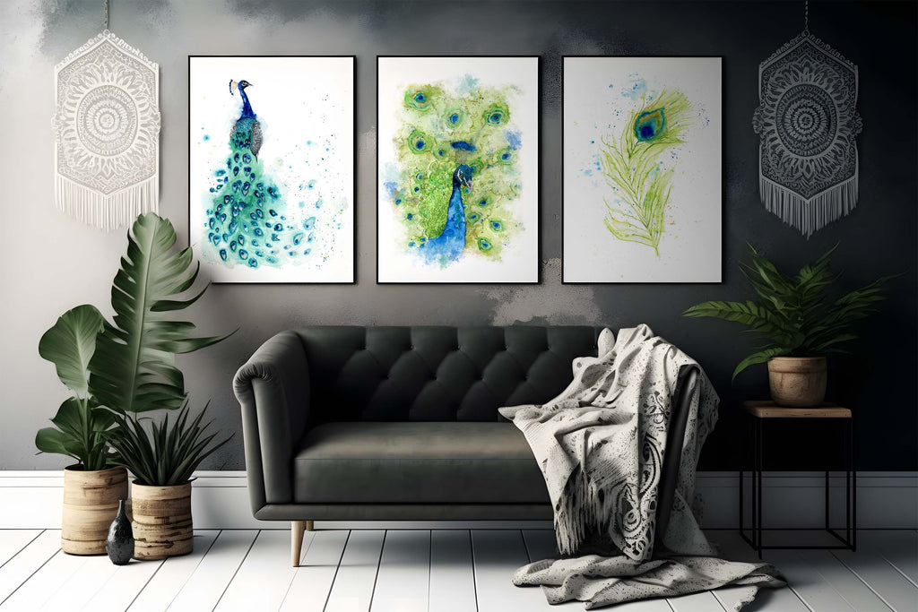 Vibrant peacock with tail art print, Elegant peacock and tail portrait artwork, Exquisite peacock feather wall art set