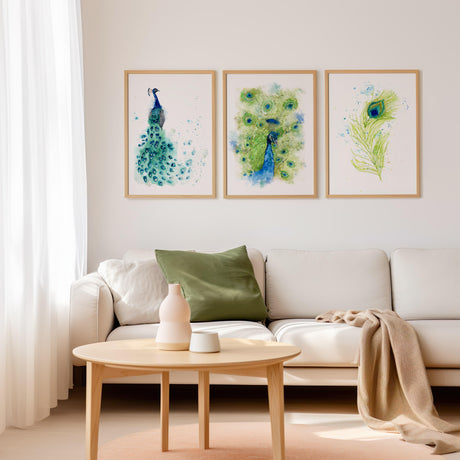 Hand-painted peacock art set with tail, portrait, and feather, perfect for adding colour and elegance to your space.