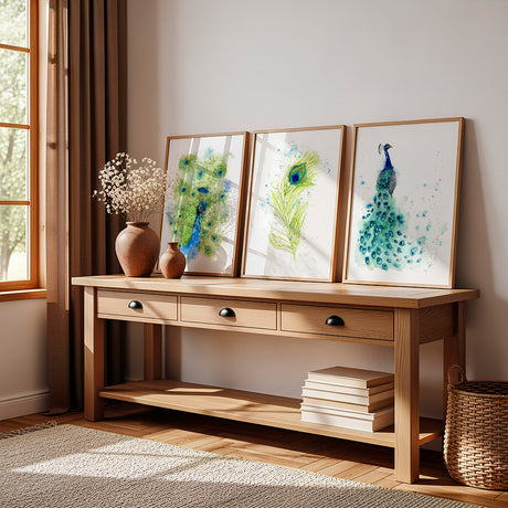 A beautiful set of three peacock wall art watercolour prints — standing peacock, full display and feather detail in rich teal and green tones, framed in natural oak, by Crafty Cow Design.