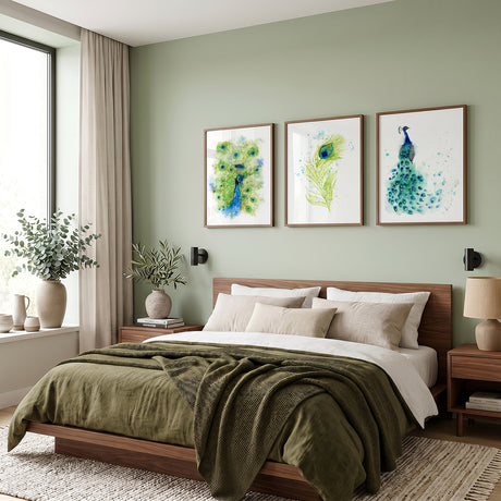 A set of three watercolour peacock wall art prints in teal, green and blue — a standing peacock, a peacock displaying his feathers and a single peacock feather, framed in natural wood, by Crafty Cow Design.