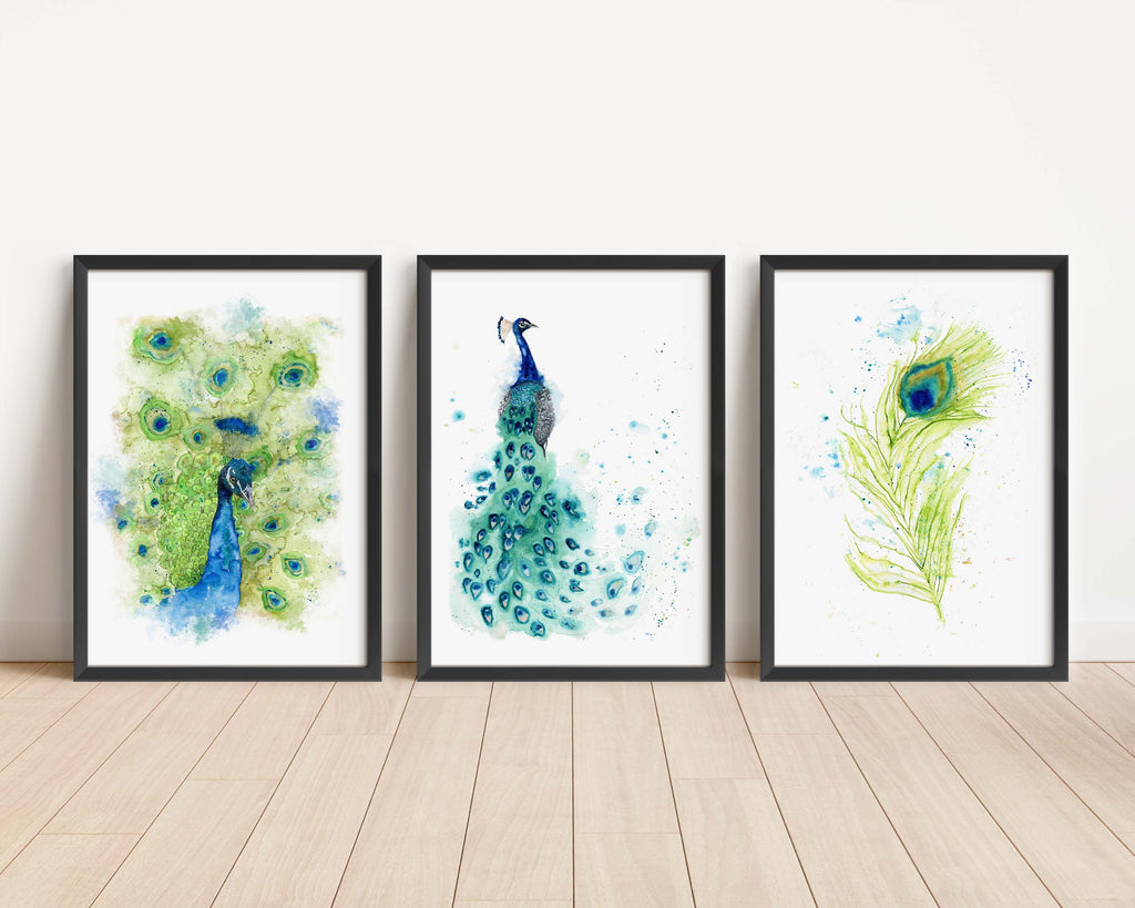 Mesmerizing peacock and tail portrait prints, Captivating peacock-themed 3-piece wall decor, Enchanting peacock-inspired watercolor art