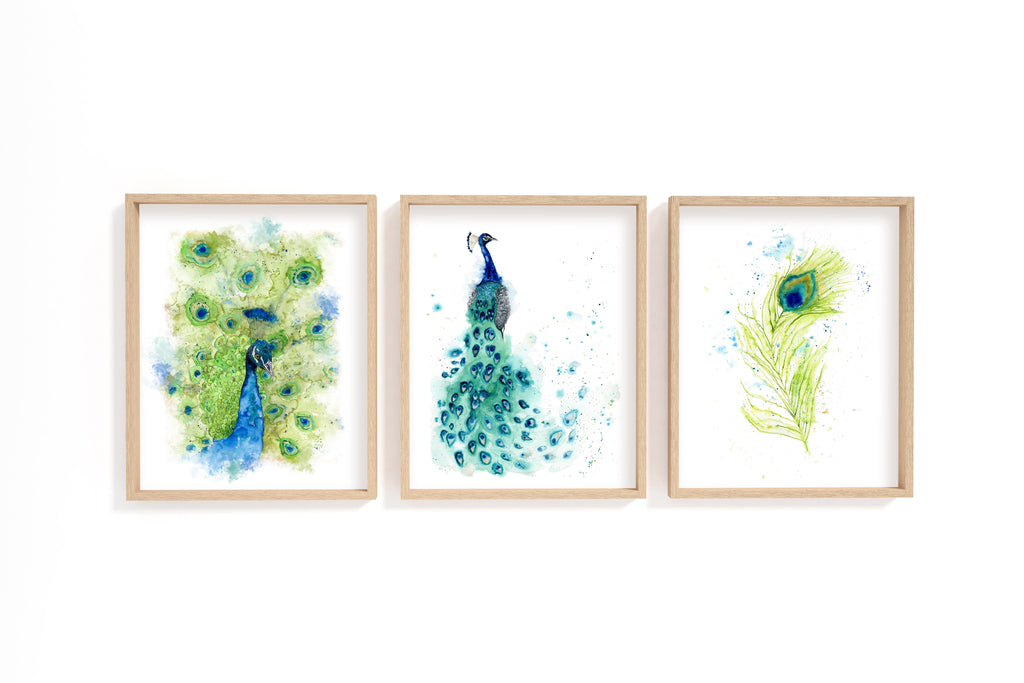 Enchanting peacock-inspired watercolor art bundle, Artistic peacock with tail watercolor painting collection, Peacock 3 Print Set