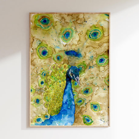 Peacock wall art with shimmering feathers in green and blue watercolour.