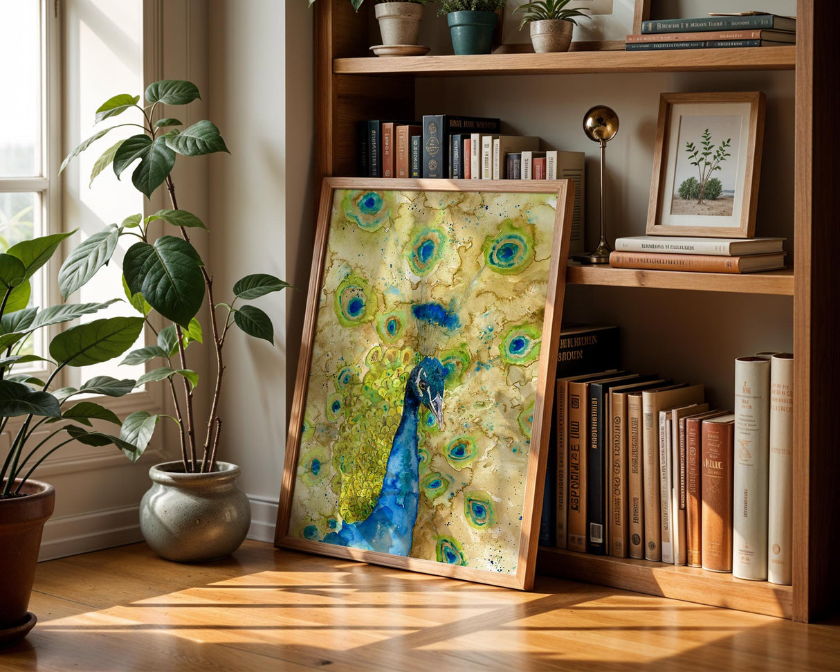 Elegant peacock portrait print ideal for nature lovers and art collectors.